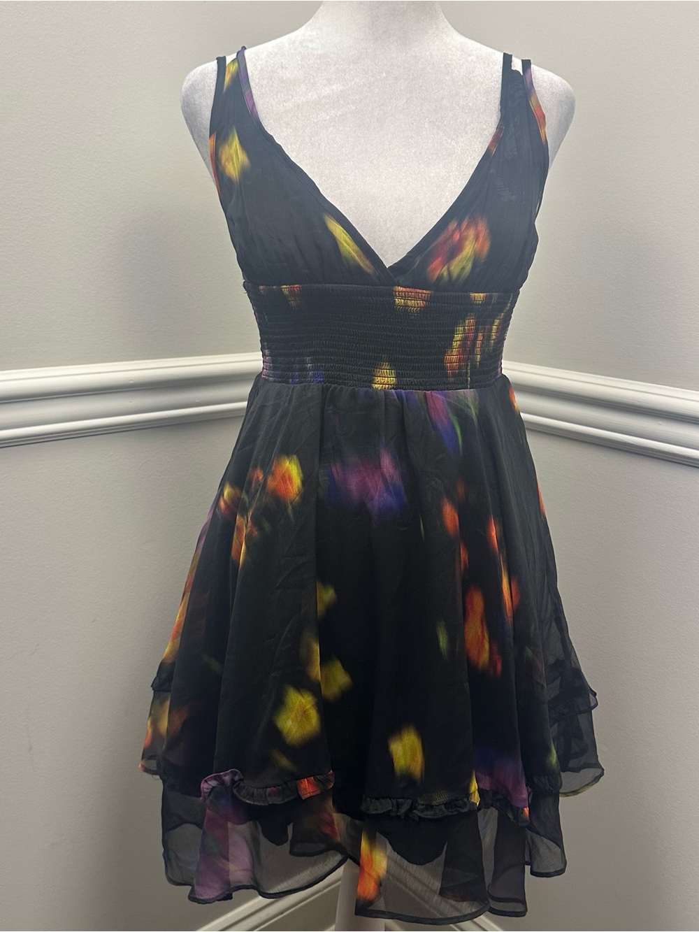 Urban Outfitters Black Mini Dress with Multicolor Floral Accents M NWTS